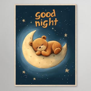 Orsetto assonnato sulla luna crescente – Stampa artistica da parete per la cameretta dei bambini della buonanotte