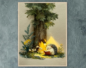 May include: A framed watercolor print depicts a whimsical scene of a hedgehog reading a book under a tree. The hedgehog wears glasses and is illuminated by a small lamp. The artwork features a natural setting with flowers and greenery, with a soft, warm color palette.