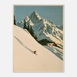 May include: A vertical art print featuring a skier in a brown outfit descending a steep, snow-covered mountain slope. In the background, a large, jagged, snow-capped mountain peak rises against a clear sky, with dark green pine trees and a small cabin.