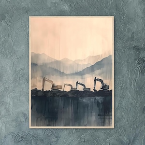 Könnte beinhalten: Ein Aquarellbild mit vier Baumaschinen, die vor einer Bergkette aufgereiht sind. Der Himmel ist zartrosa und die Berge sind in einem nebeligen Blau gehalten. Die Fahrzeuge sind vor den Bergen silhouettiert.