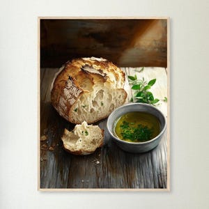 May include: A rustic wooden table with a loaf of crusty bread, a small bowl of olive oil, and fresh herbs. The bread is partially sliced, revealing a soft, white interior.