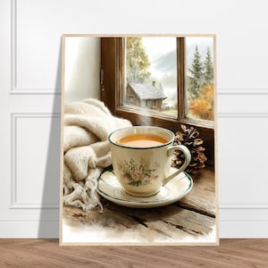 Cozy Cabin Tea Time Oil Painting Print – Ceramic Cup, Rustic Table, Hygge Forest View