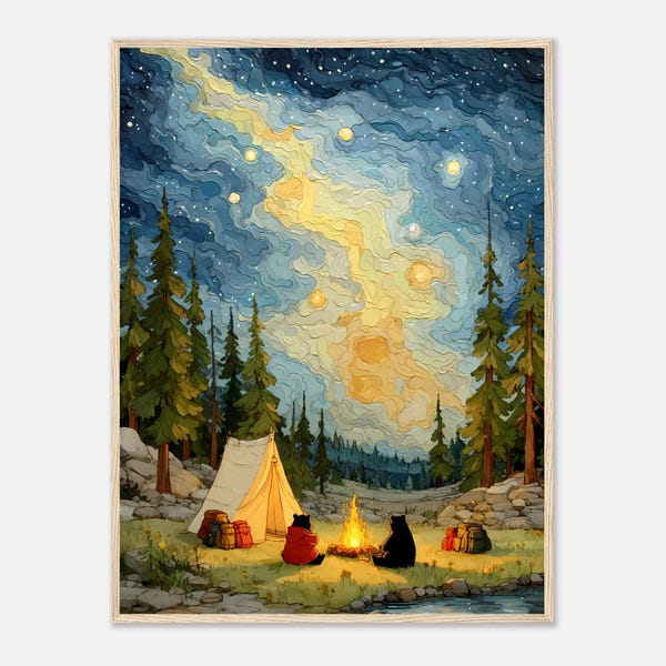 Bear Campfire Art Print: Whimsical Night Sky Painting for Nursery