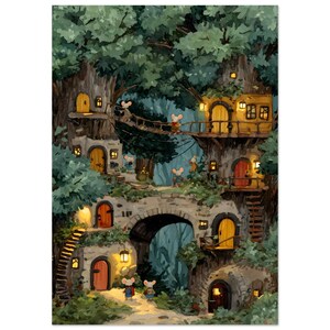 Whimsical Mouse Treehouse Art Print, Cozy Woodland Nursery Wall Art, Storybook Forest Illustration image 11