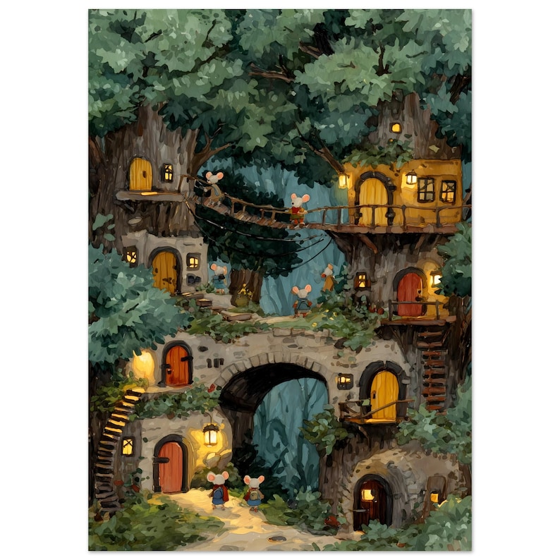 Whimsical Mouse Treehouse Art Print, Cozy Woodland Nursery Wall Art, Storybook Forest Illustration image 11