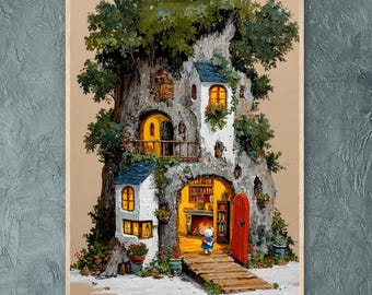 May include: A whimsical painting of a treehouse with a red door and a cozy interior. The treehouse has multiple levels with windows, a balcony, and lush greenery. A small figure stands near the entrance, inviting viewers into the warm, inviting space.