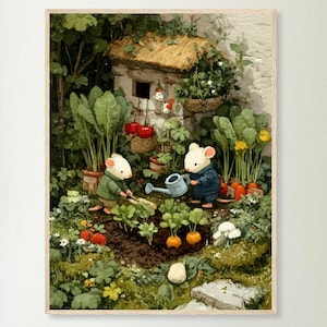 May include: A framed print depicts two anthropomorphic mice gardening in a lush vegetable garden. One mouse is watering plants with a blue watering can, while the other tends to the soil. The scene includes a small cottage and various vegetables.