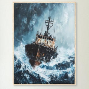 Stampa artistica di nave da lavoro industriale – Decorazione murale nautica con fascino marittimo rustico