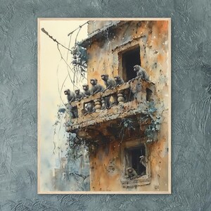 Scimmie sul balcone – Scena di città nella giungla astratta ad acquerello