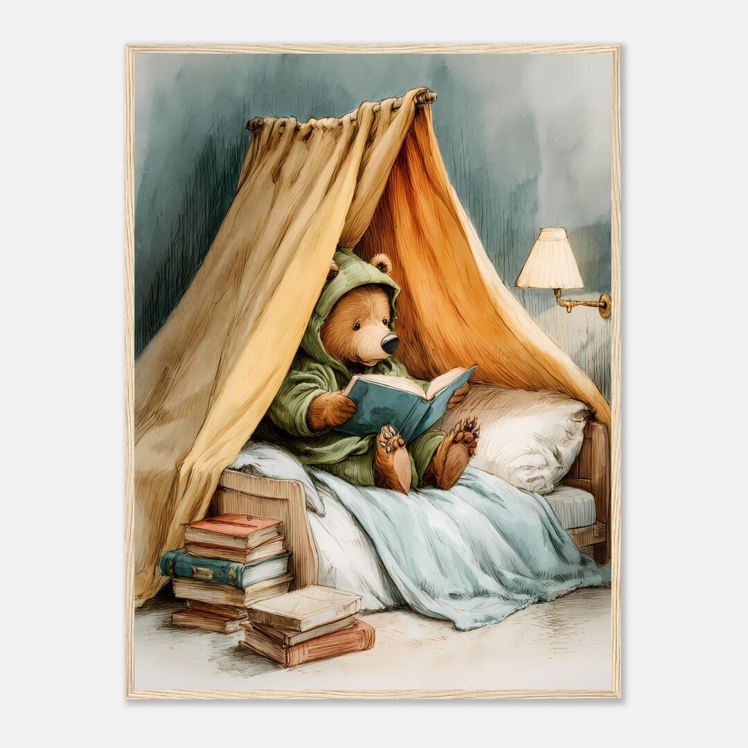Sleeping Bear Cub Reading Watercolor Art Print, Cozy Woodland Nursery ...
