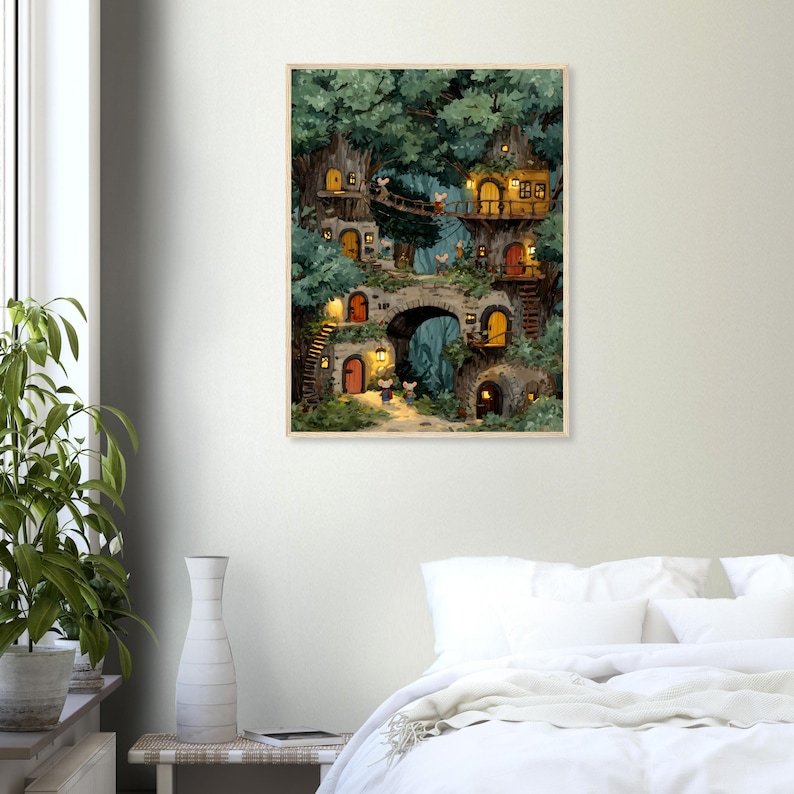 Whimsical Mouse Treehouse Art Print, Cozy Woodland Nursery Wall Art, Storybook Forest Illustration image 4