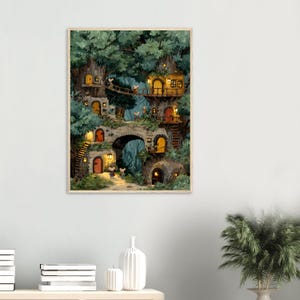 May include: A framed print of a whimsical treehouse village. The artwork depicts multiple levels of dwellings built into trees and stone structures, with warm lighting and small figures. The color palette includes greens, browns, and warm yellows.