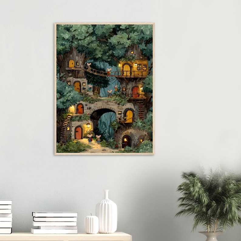 May include: A framed print of a whimsical treehouse village. The artwork depicts multiple levels of dwellings built into trees and stone structures, with warm lighting and small figures. The color palette includes greens, browns, and warm yellows.