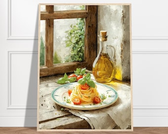 Cuadro de espaguetis al pomodoro, arte mural de cocina italiana, decoración rústica de comida mediterránea.