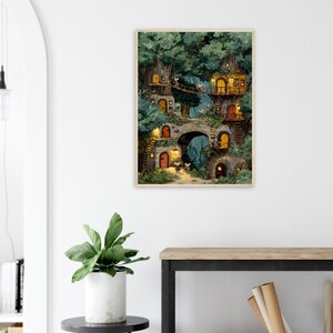 May include: A framed print of a whimsical treehouse village nestled in lush greenery. The artwork features multiple levels with arched doorways, lit windows, and tiny figures, creating a magical, storybook scene.