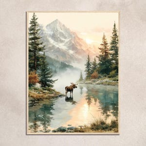 Quadro con alba sul lago Moose, ispirato a Denali, con riflessi alpini e fauna selvatica.