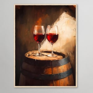 Stampa romantica di botti di vino – Arte rustica del vino rosso per cucina e sala da pranzo