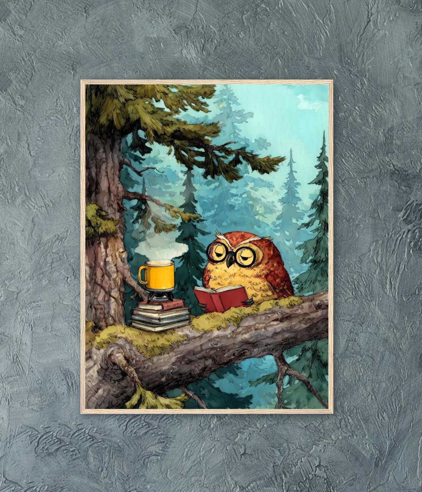 Whimsical Owl Reading in Forest – Cozy Storybook Woodland Art Print