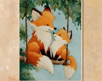 Mama Fox and Baby Swing Art Print: Woodland Nursery Wall Art Illustration