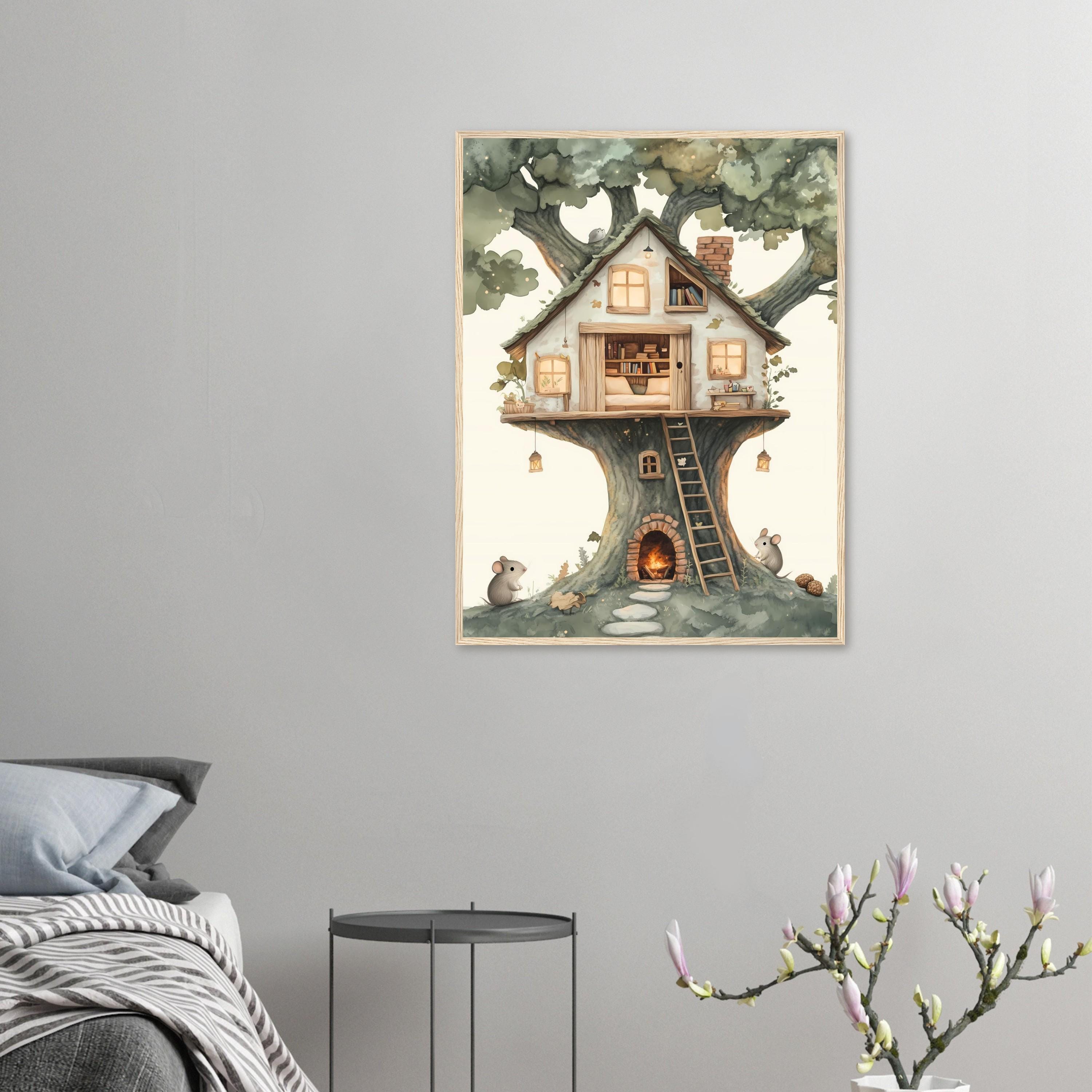 Whimsical Watercolor Mouse House in a Giant Oak Tree – Cozy Storybook
