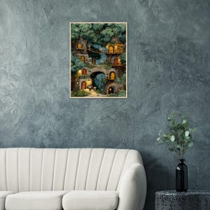 May include: A framed art print depicts a whimsical treehouse village nestled in lush greenery. The illustration features multiple illuminated dwellings connected by bridges and staircases, with warm interior lighting and arched doorways.