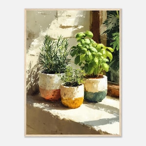 May include: A framed print of three potted herbs on a windowsill. The pots are white with color-blocked bottoms in orange, yellow, and teal. The herbs include rosemary, basil, and thyme, with sunlight casting shadows on the wall.