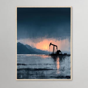 Modern oljepumpkonsttryck: Minimalistisk industriell landskapsmålning