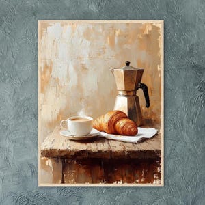 Espresso mattutino e croissant – Stampa artistica di natura morta con caffè italiano rustico
