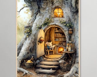 May include: A whimsical illustration of a small mouse sitting in a cozy treehouse with a fireplace, bookshelves, and a window. The treehouse is nestled inside a large tree trunk with a wooden door and steps leading up to the entrance.