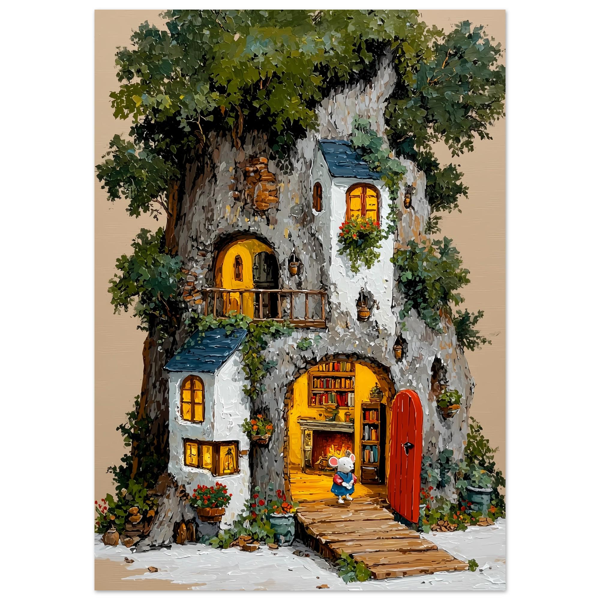 Cozy Mouse House in a Tree – Whimsical Forest Cottage Art Print