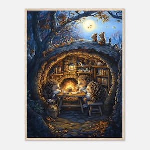 May include: Three hedgehogs sit around a table in a cozy stone cave lit by a fireplace. They are enjoying a warm drink and a book. The cave is decorated with bookshelves and a lantern. The scene is set in a forest at night with a full moon shining in the sky.