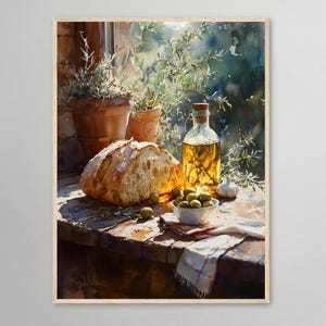 A Taste of Italy – Rustic Kitchen Still Life with Bread, Olive Oil & Herbs