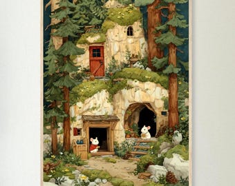 Cozy Mouse House in the Pine Forest – Whimsical Children’s Storybook Art Print