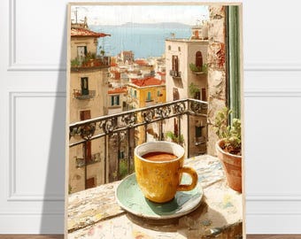 May include: A framed art print depicts a sunny balcony scene. A yellow coffee cup sits on a green saucer, with a cityscape and ocean view in the background. The artwork is in a painterly style, with warm colors.
