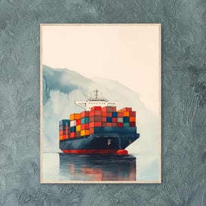 Watercolor Container Ship at Sea – Serene Maritime Wall Art for Kids Room or Office