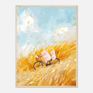 Paseo en bicicleta con un cerdo caprichoso: impresión artística de un lindo animal de granja, decoración de guardería campestre, arte de pared acogedor