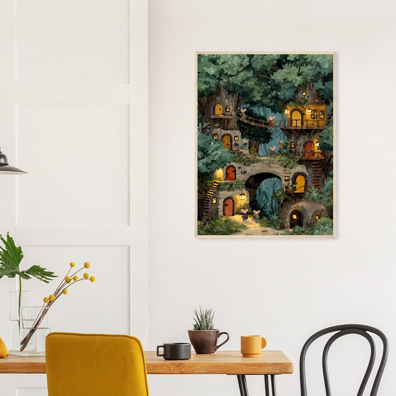 May include: A framed art print depicts a whimsical village nestled within a lush forest. The artwork showcases treehouses, arched doorways, and a bridge, all illuminated by warm, inviting light. The color palette includes greens, browns, and yellows, creating a cozy and imaginative scene.