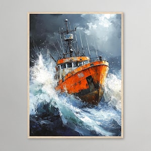 Storm Clash – Peschereccio arancione che combatte il mare in uno stile espressivo dipinto a olio