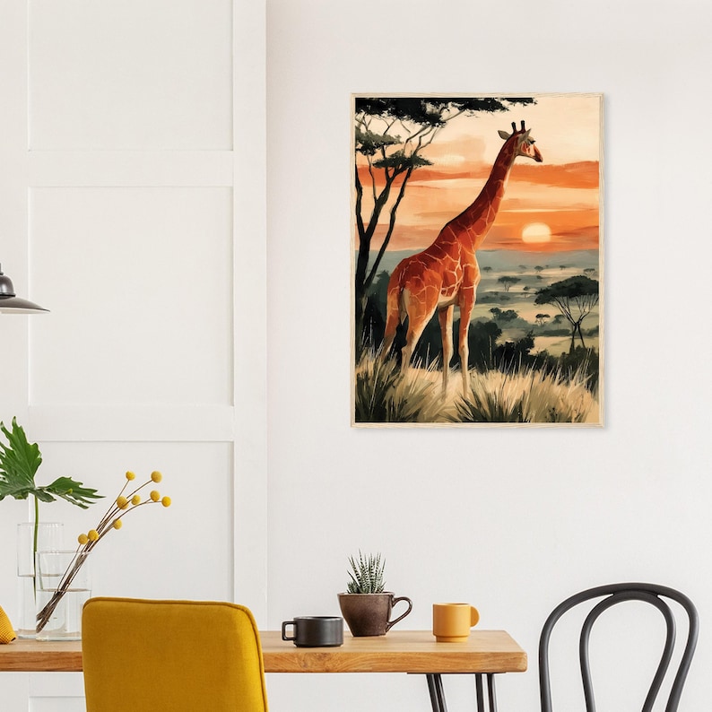 African Giraffe Sunset Art Print Safari Landscape Painting for Living ...