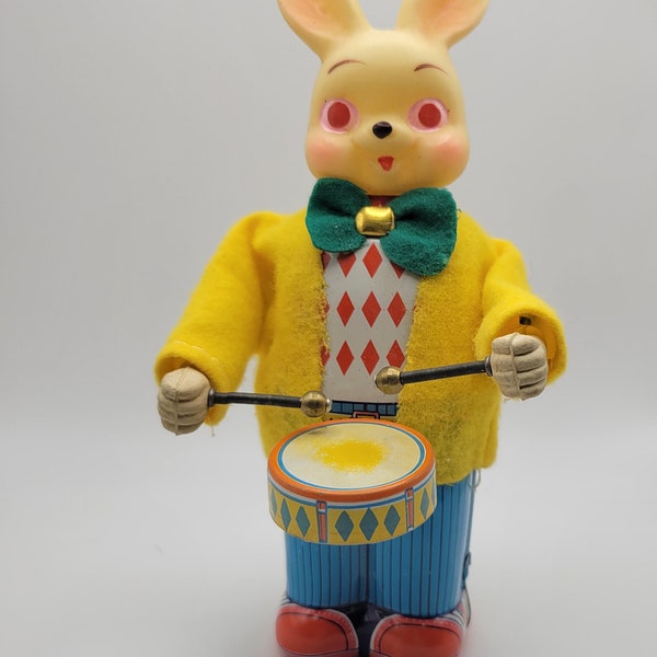 Vintage 1950's Rubber Face Tin Wind Up Drumming Rabbit