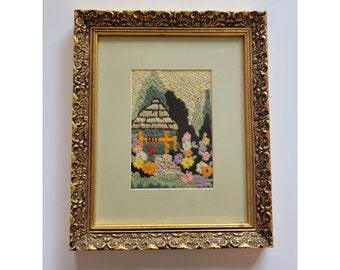 Vintage 1960's Framed  Handmade Cottage and Garden Crewel Embroidery.