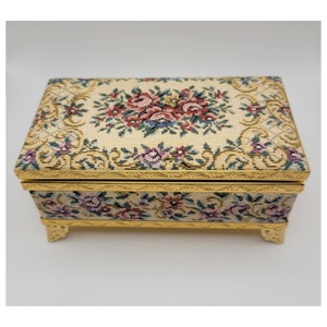 Sweet 1970' Petite Needlepoint and Ornate Gold Musical Jewelry Box