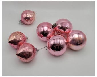 Vintage 1950's 1940's Handblown Pink Mercury Glass Drop and Ball Ornament Set