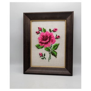 Vintage 1970's Framed Pink Rose Embroidery Wall Hanging Art