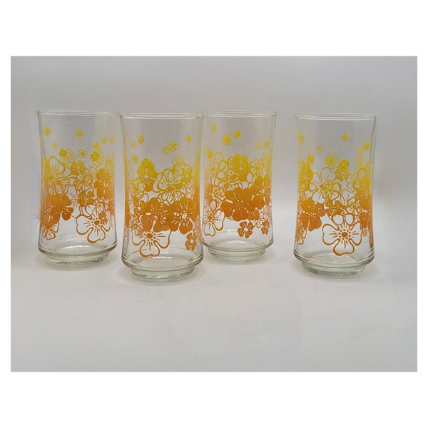 Vintage 1970's Libbey Orange Yellow Flower Tumbler Glass Set of Four