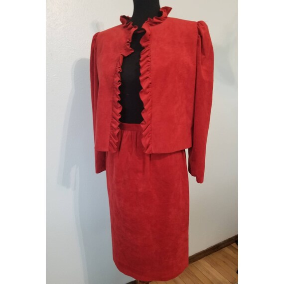 Striking 1960's Red Faux Suede Ruffle Jacket and … - image 1