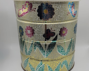 Vintage 1960's Colofurl Flower and Butterfly  Mosaic Metallic Coffee Tin