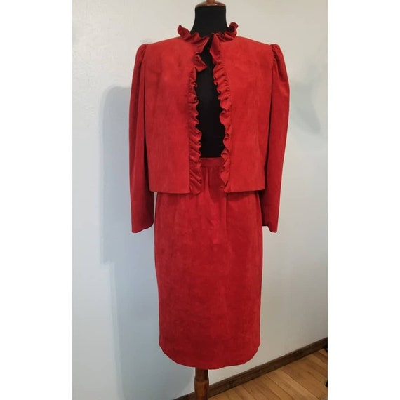 Striking 1960's Red Faux Suede Ruffle Jacket and … - image 4