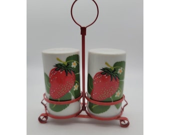 Vintage 1960's Strawberry Salt and Pepper Shakers and Caddy