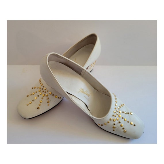 Vintage 1960's Gold Studded White Leather Pumps. - image 2